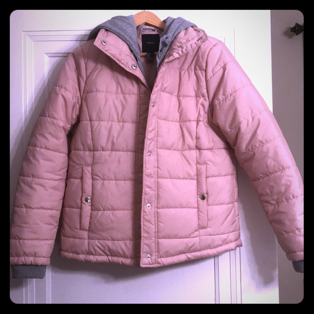 Mauve puffer coat with grey hood, sm, forever 21
